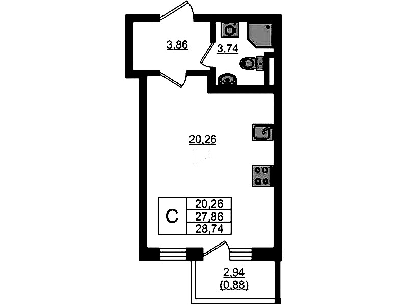 Квартира студия 28.74 м², 1/4 эт., ЖК «Новая история»